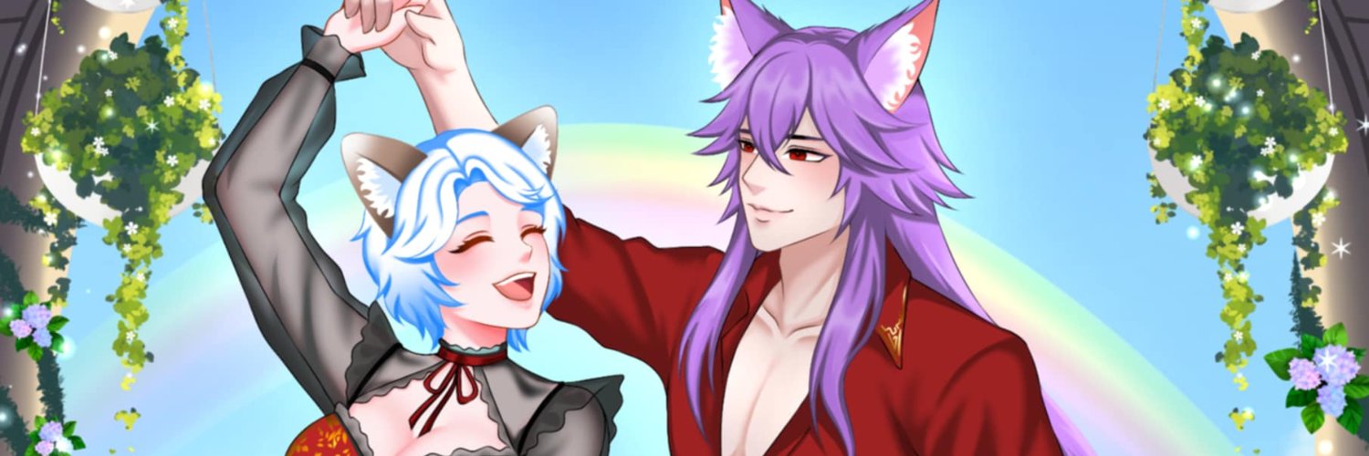 Blue-haired and purple-haired cat-eared characters dancing beneath hanging greenery